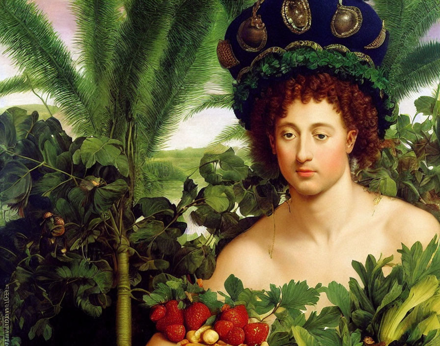 Woman with Fruit-Laden Hat Surrounded by Green Foliage