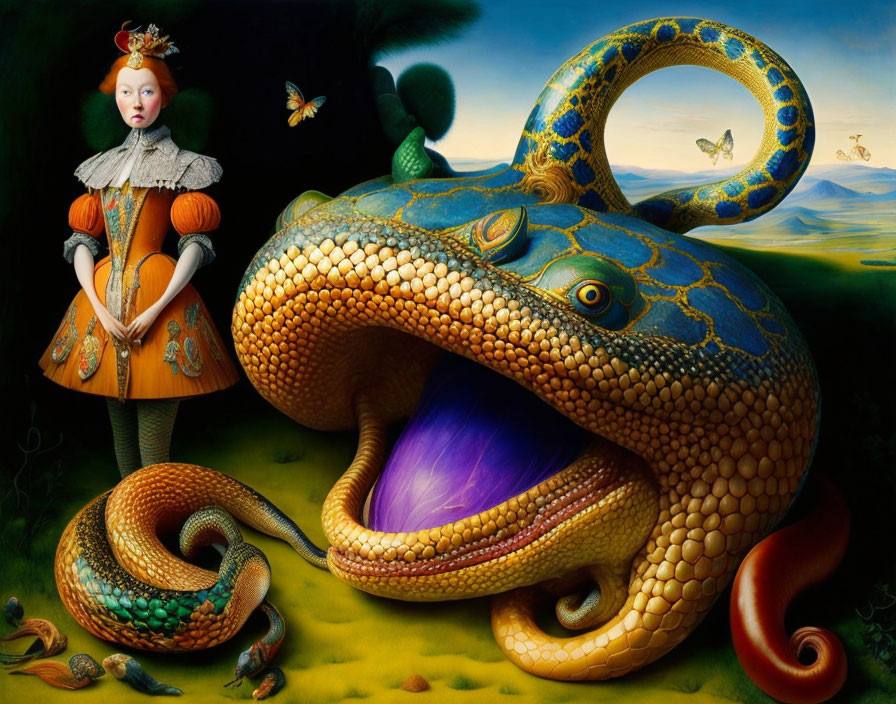 Surreal painting featuring girl, giant snake, and whimsical landscape