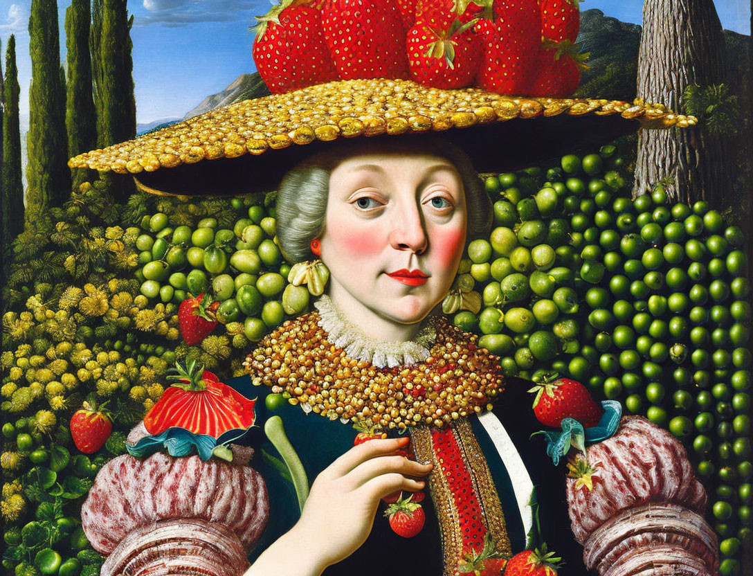 Portrait of woman with fruit hat, pearl necklace, and colorful attire against greenery.