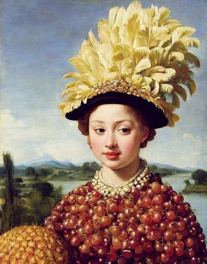 Classical portrait of woman with feathered headdress and grape cape against serene landscape