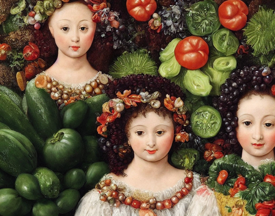 Three Women Portraits Among Realistic Fruits and Vegetables