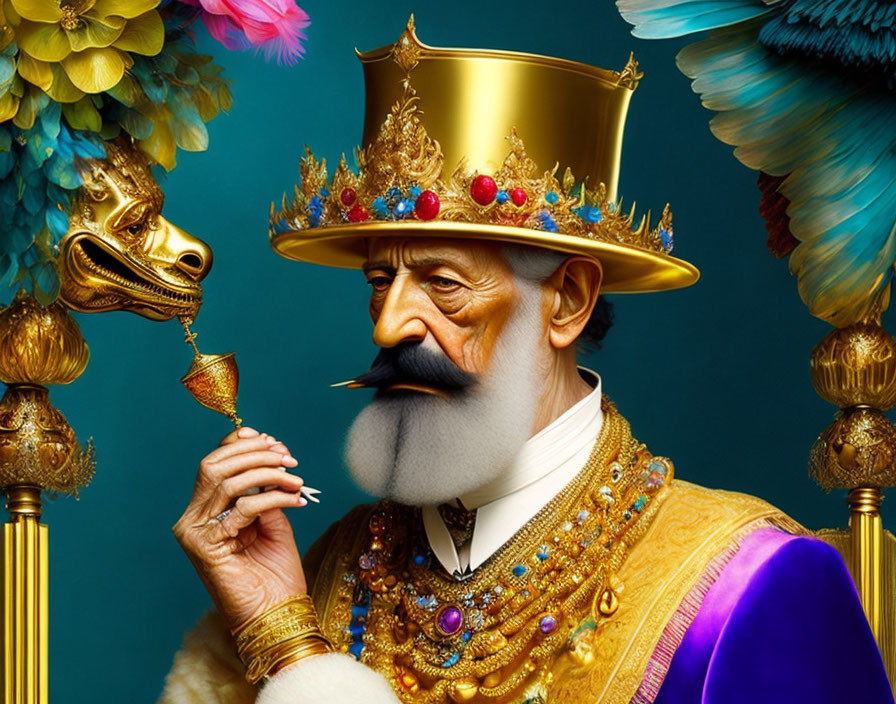 Man with Golden Jeweled Hat Smoking Pipe with Parrot & Luxurious Decor