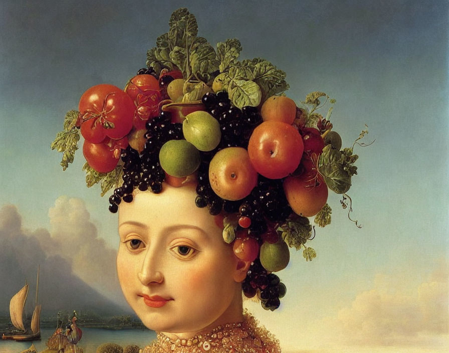 Classical portrait of a woman with fruit and leaf headpiece in serene landscape