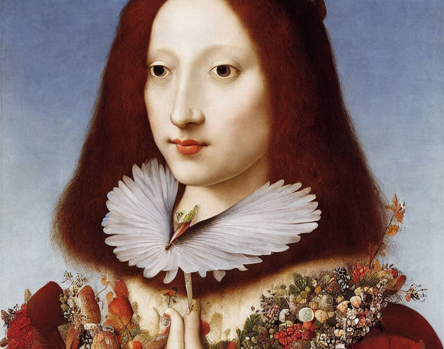 Serene woman portrait with red hair and white ruffled collar