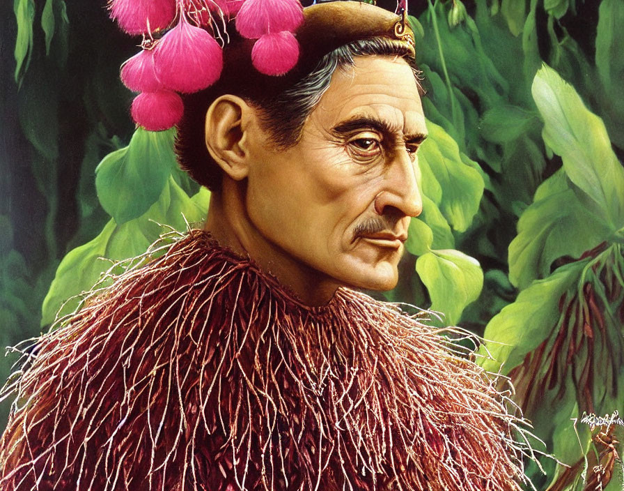 Man in Crown and Fibrous Cloak with Pink Berries on Leafy Background