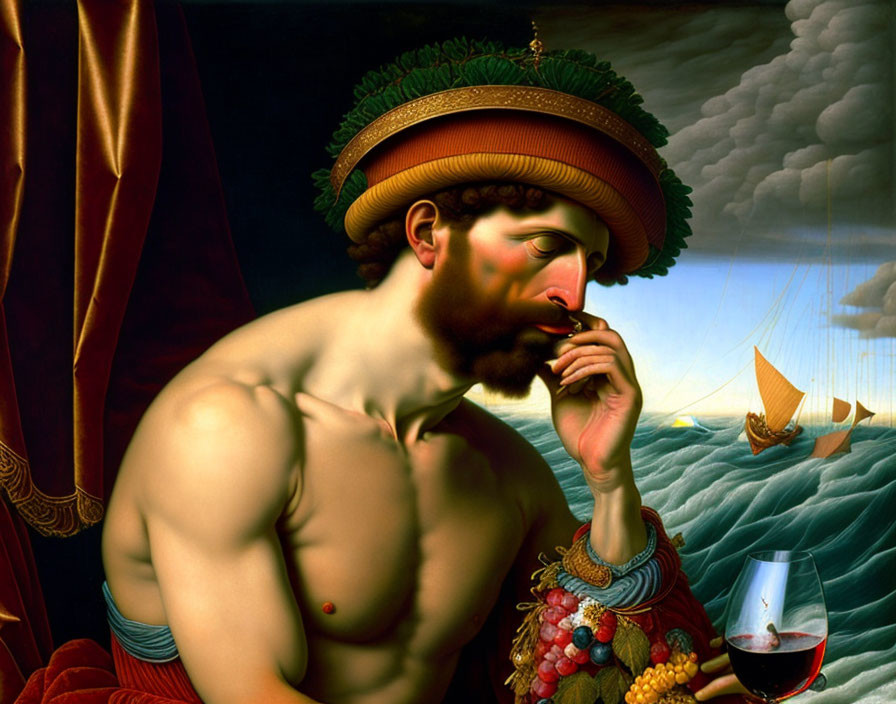 Classical-style painting of man in fruit hat and armor with wine, seascape and ships.