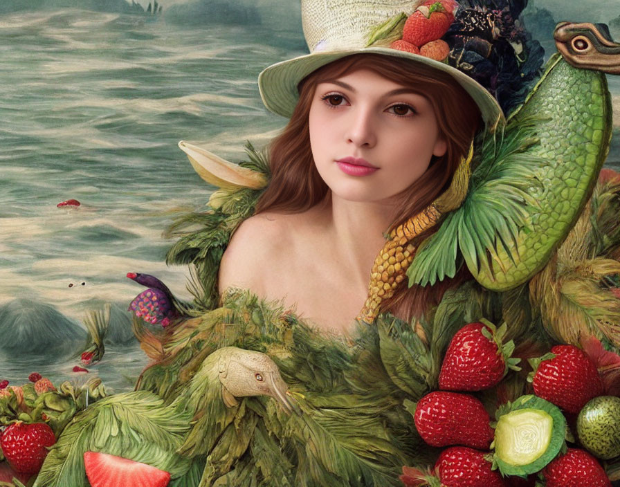 Person with serene expression wearing hat adorned with fruits, vegetables, lizard on nature background.