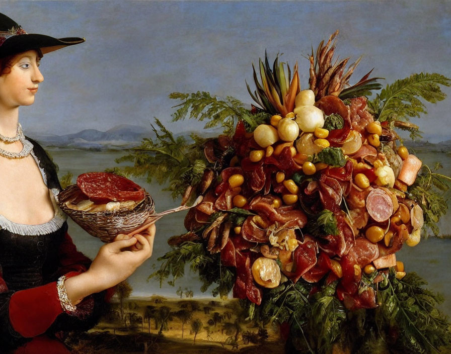 Surreal artwork: Woman in traditional attire with giant meat cornucopia