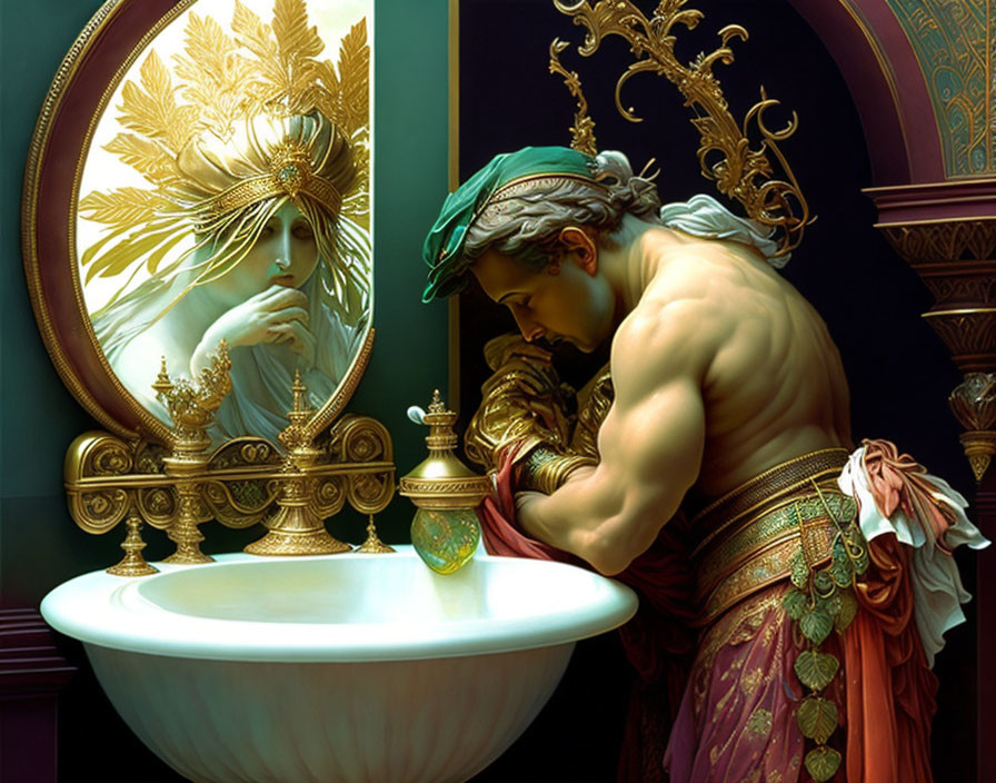 Muscular man in classical attire gazes at reflection in ornate mirror