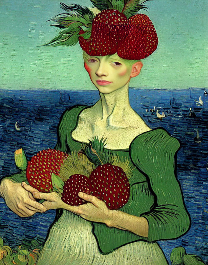 Woman with strawberry hat and oversized strawberries in hands in Starry Night background.