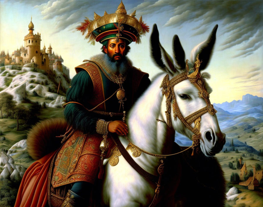 Ornate armor and jeweled turban on regal figure riding donkey in scenic landscape