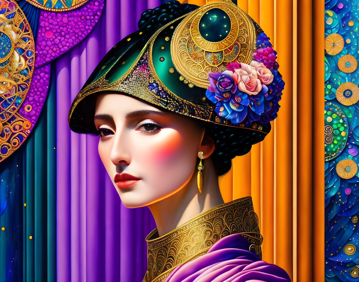 Vibrant artwork featuring woman in stylish hat with intricate patterns