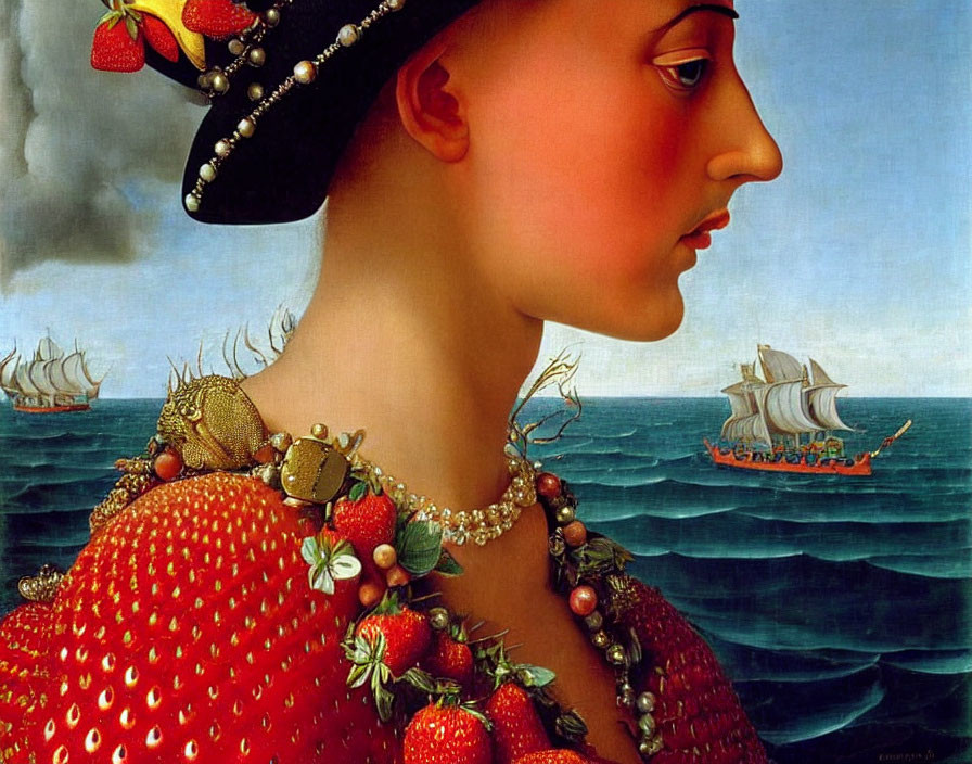 Surreal portrait of woman with strawberry texture and fruits by water