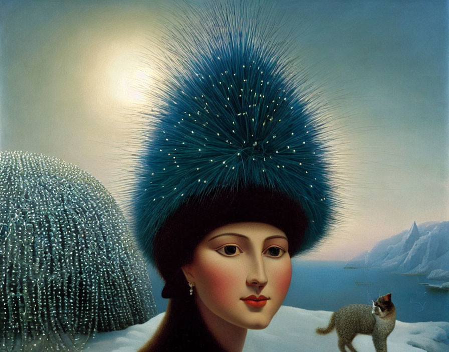 Surreal painting: Woman with starburst halo hat, sparkling hedgehog, small cat, snowy