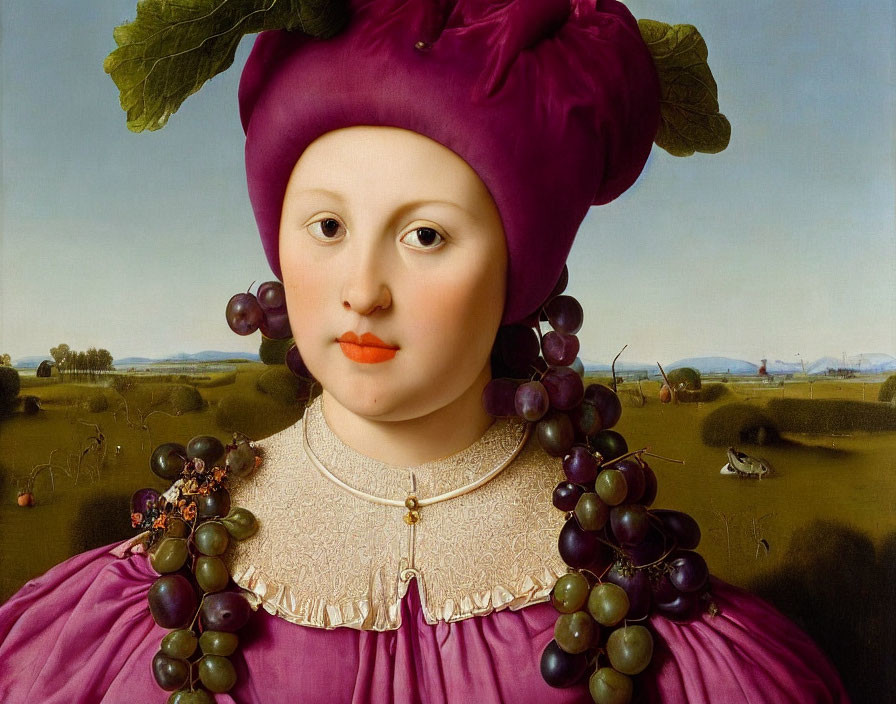 Woman in Purple Headdress and Dress with Grapes in Pastoral Landscape