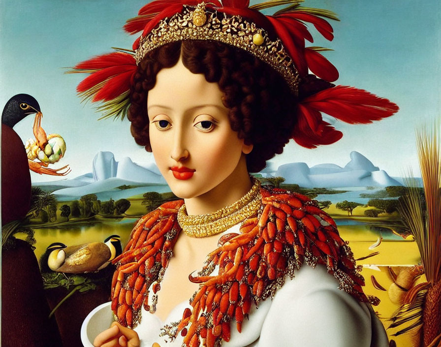 Surreal portrait of woman with feathered headdress, fruit, duck, and scenic background