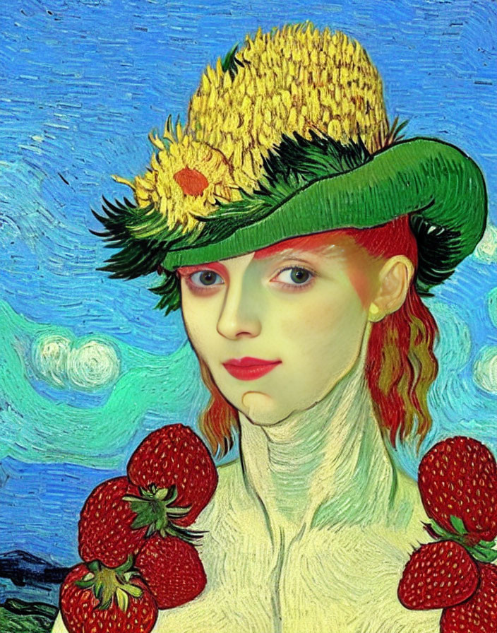 Digital art: Van Gogh-style portrait with straw hat, red cheeks, and strawberries.