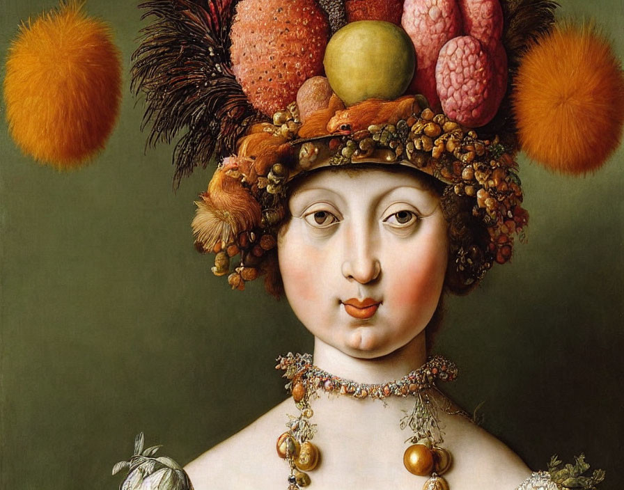 Woman portrait with elaborate fruit, flower, and leaf headdress.