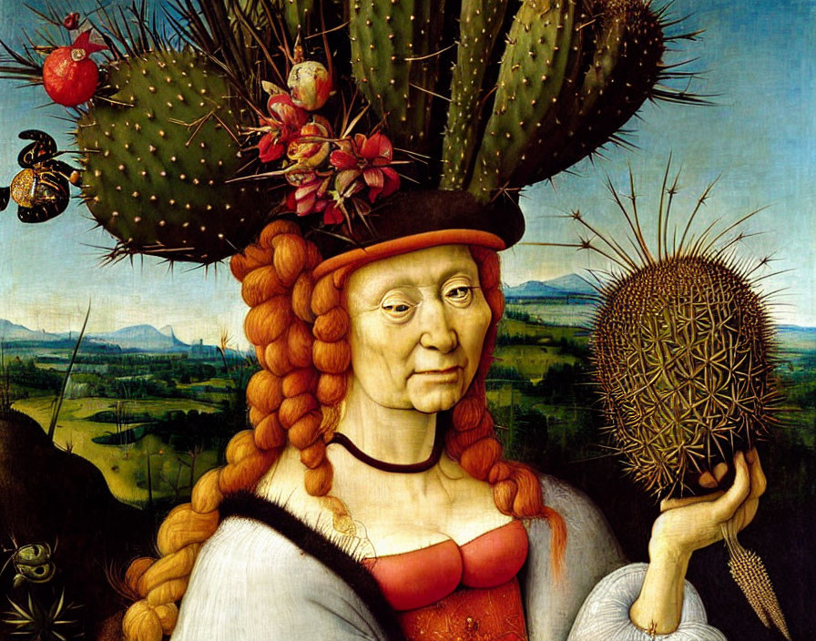 Surreal portrait: person's head merged with cactus, braids with flowers, hand holding