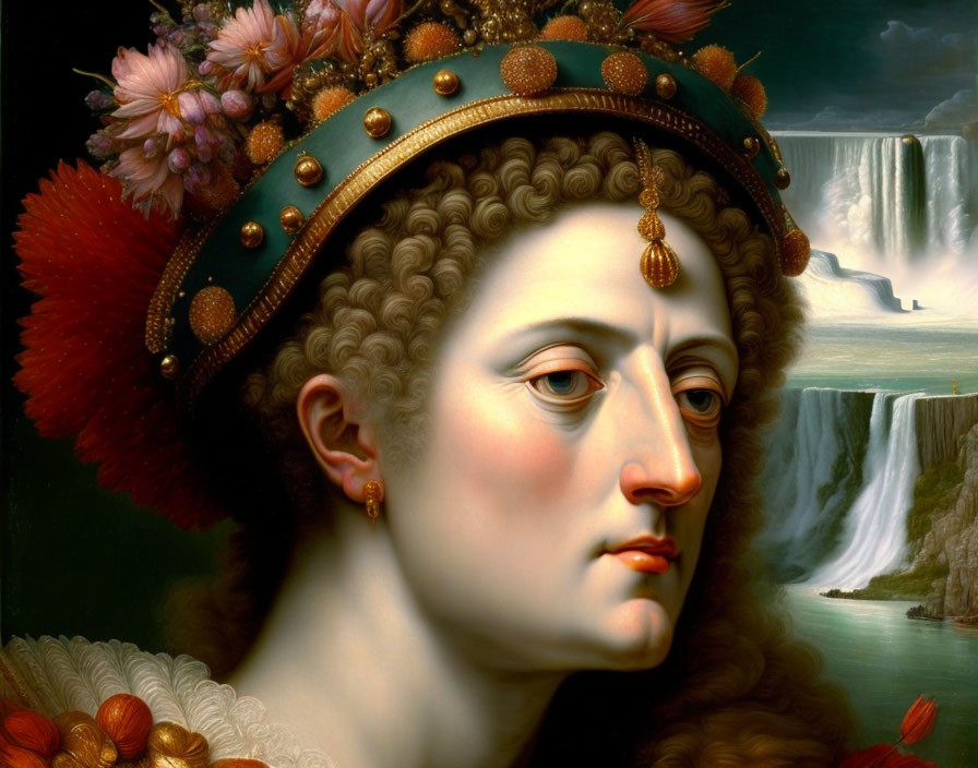 Classical painting of a person with ornate headband and waterfall background