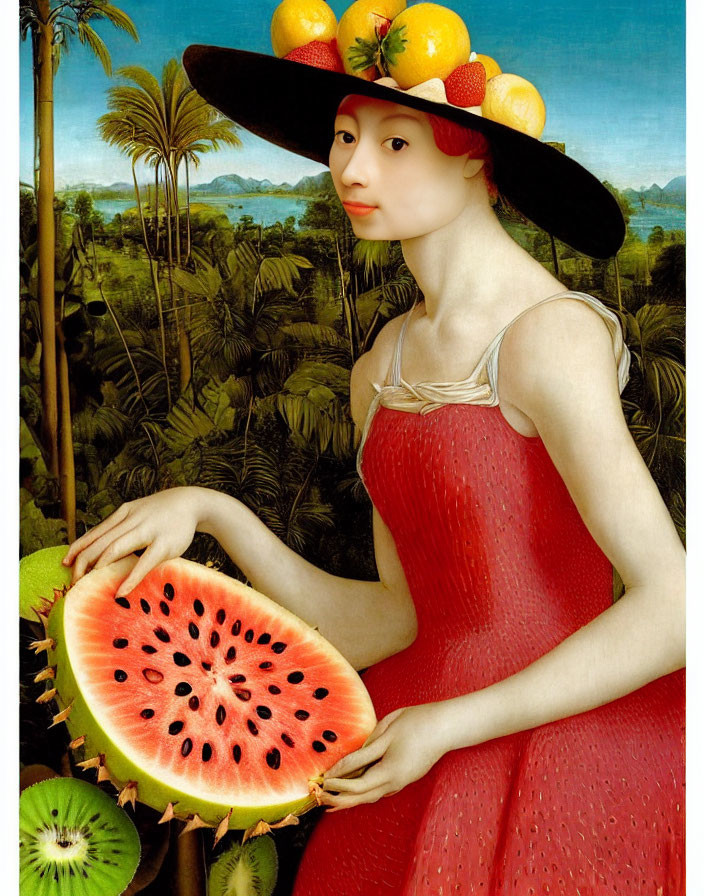 Surreal portrait of woman in red dress with watermelon slice and fruit-adorned hat