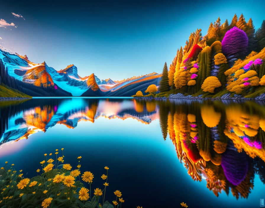 Colorful landscape with trees, lake reflection, mountains, and flowers