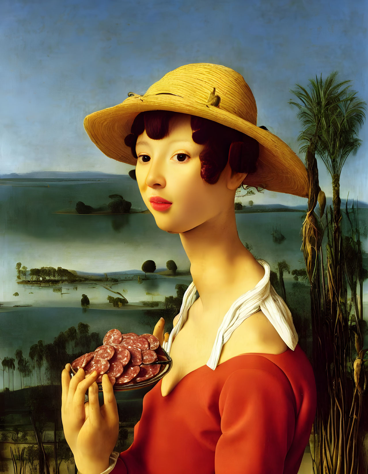 Stylized portrait of woman with bobbed hair and straw hat holding plate of sausages