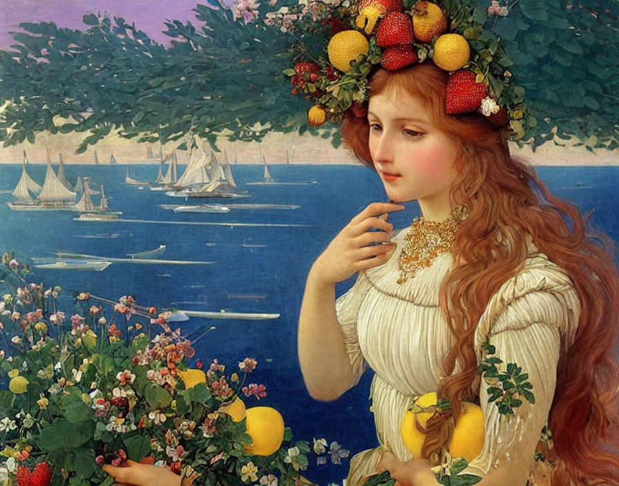 Woman with Fruit Wreath Gazing at Sea and Sailboats