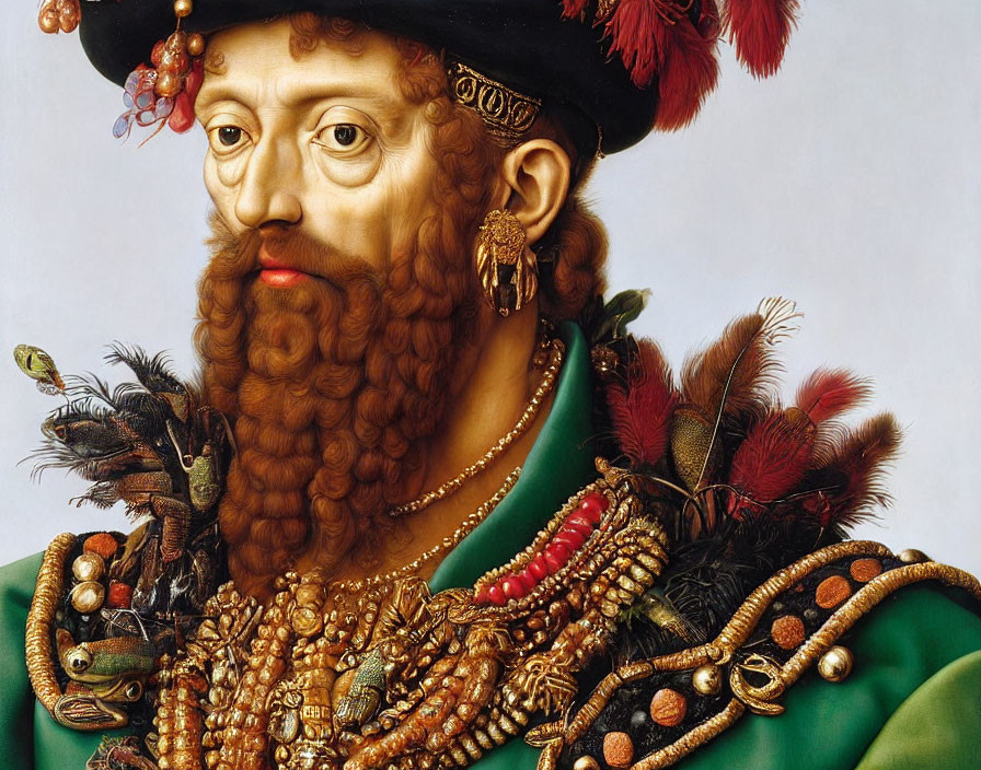 Renaissance-style portrait of a bearded man in opulent attire