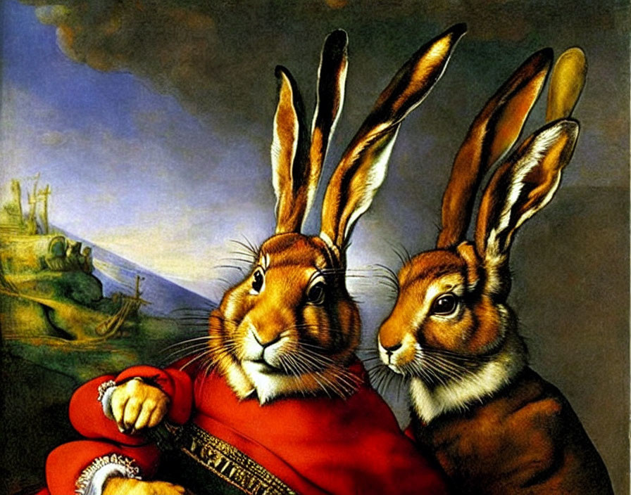 Anthropomorphic rabbits with human-like faces in red and surreal landscape.