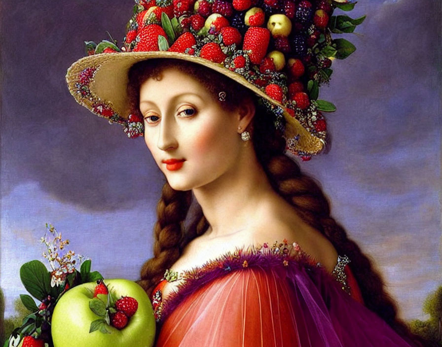 Artwork featuring woman with strawberry hat and fruit-adorned attire holding green apple