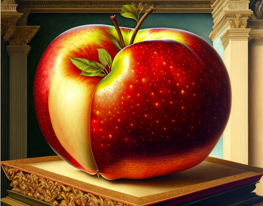 Hyperrealistic Apple Painting with Starry Texture on Book in Ornate Golden Frame