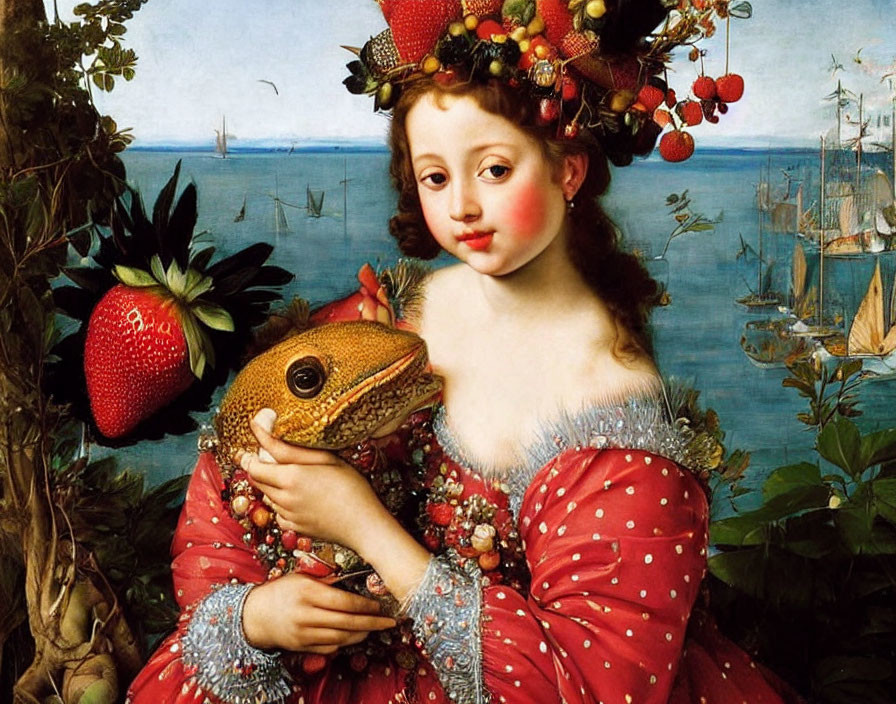 Woman in red fruit dress holds frog by serene seascape