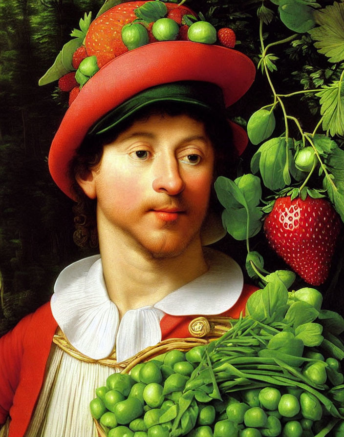 Portrait of a person with red fruit hat and strawberry, white ruffled collar