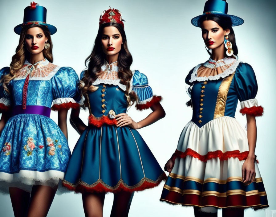 Vintage-inspired fashion shoot with three women in elaborate dresses and wide skirts on a blue backdrop