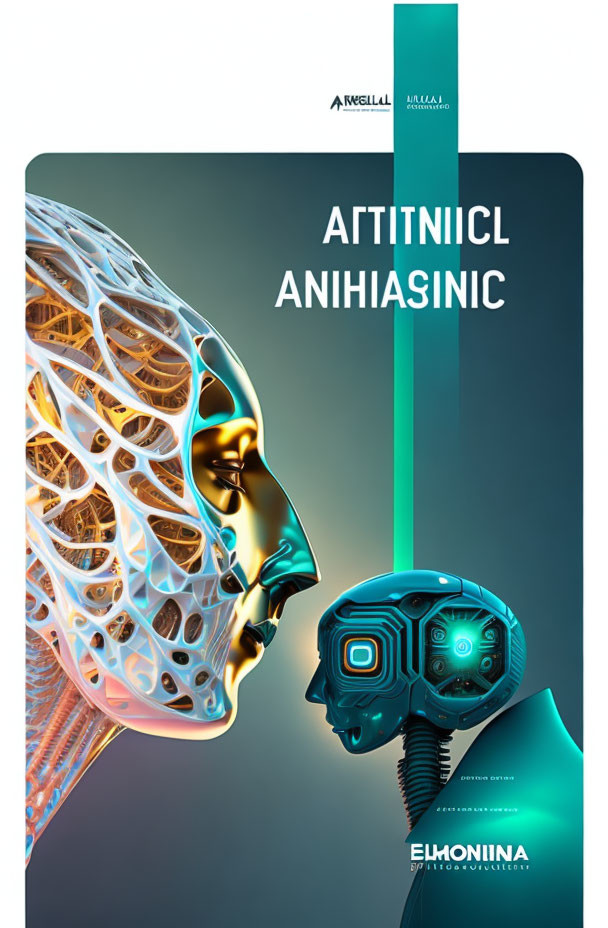 Illustration: Human profile and robotic head with mirrored text on teal stripe - AI and human-machine interface