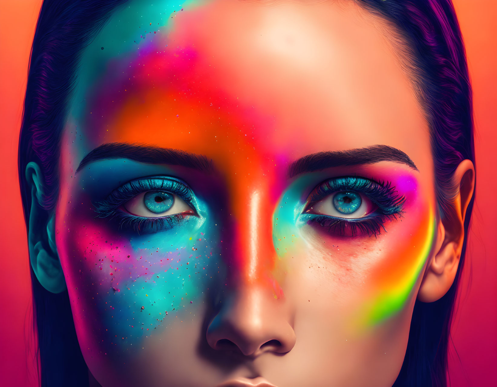 Close-up portrait of woman with colorful paint splatters on face and warm backdrop