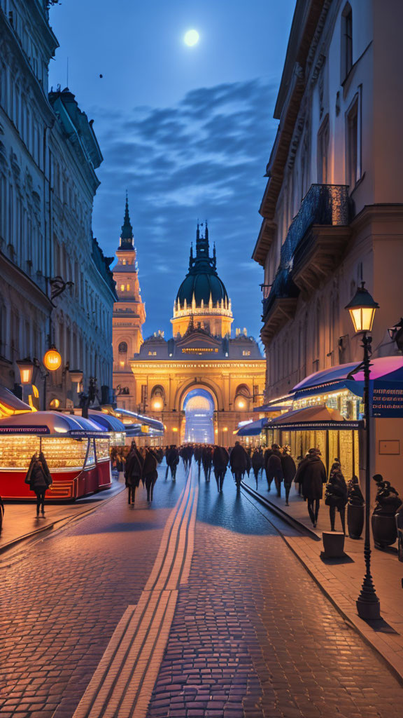 City Street Twilight Scene with Pedestrians, Tram Lights, and Grand Building Domes