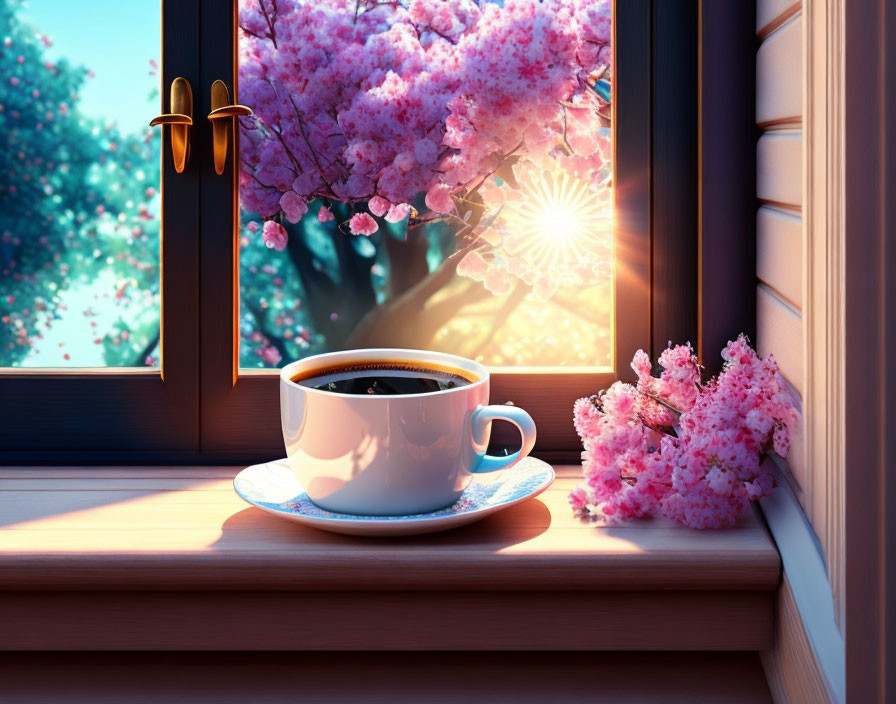 Coffee Cup on Windowsill with Pink Flowers and Sunrise