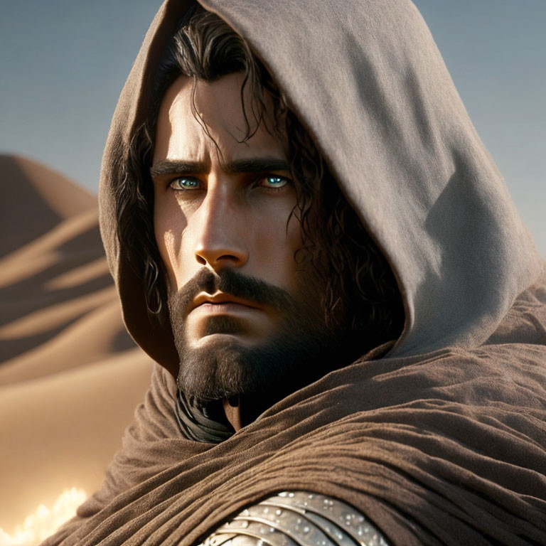 Man with Blue Eyes and Hooded Cloak in Desert Scene