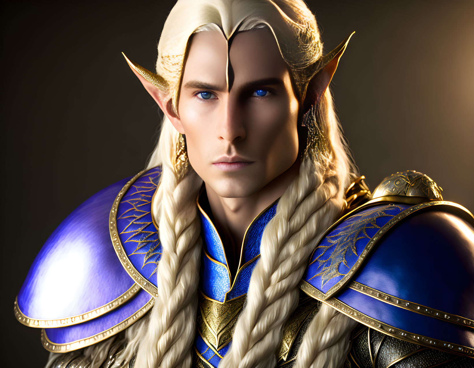 Fantasy artwork of an Elven character in golden armor with blue accents