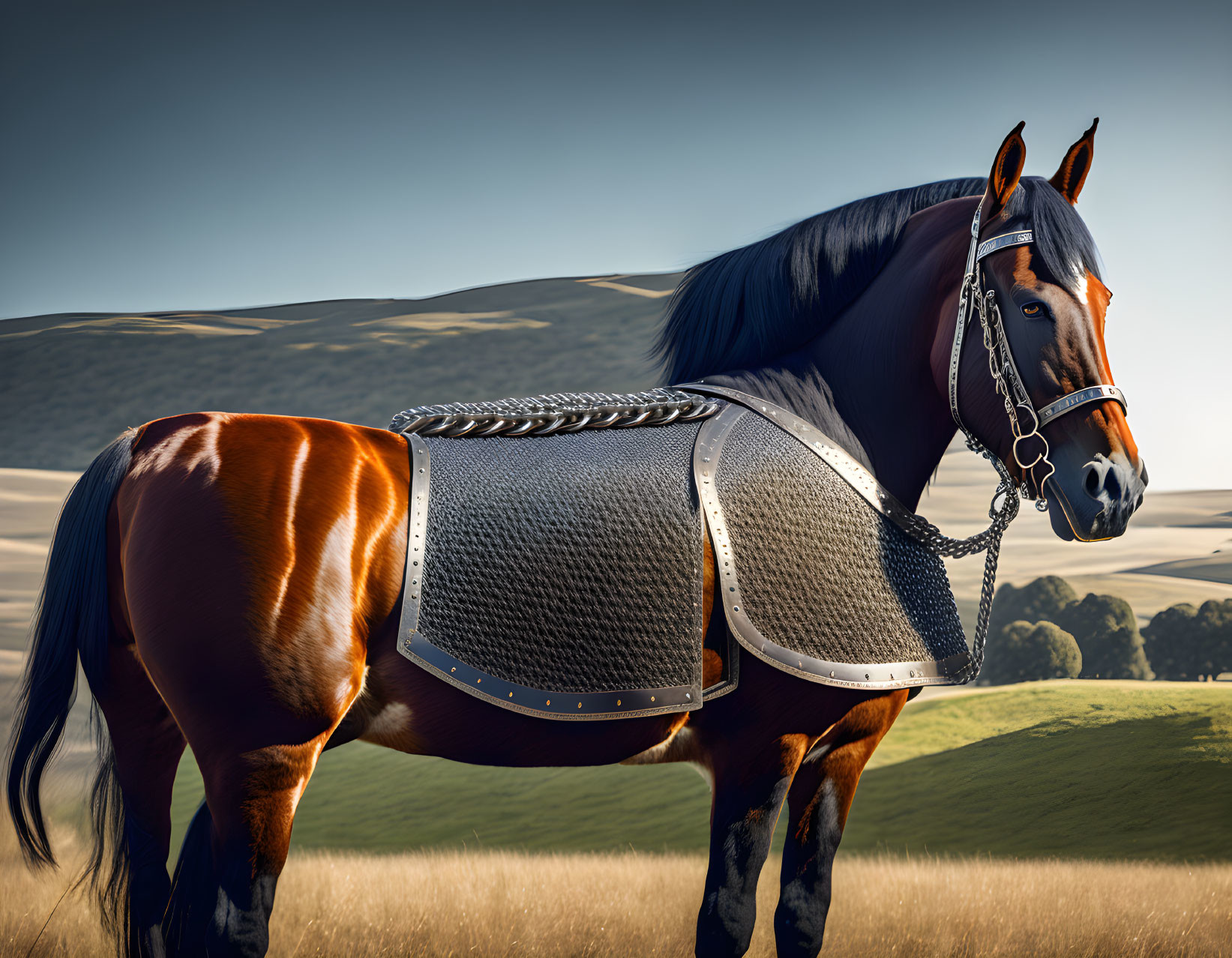 Medieval armored horse in scenic landscape.