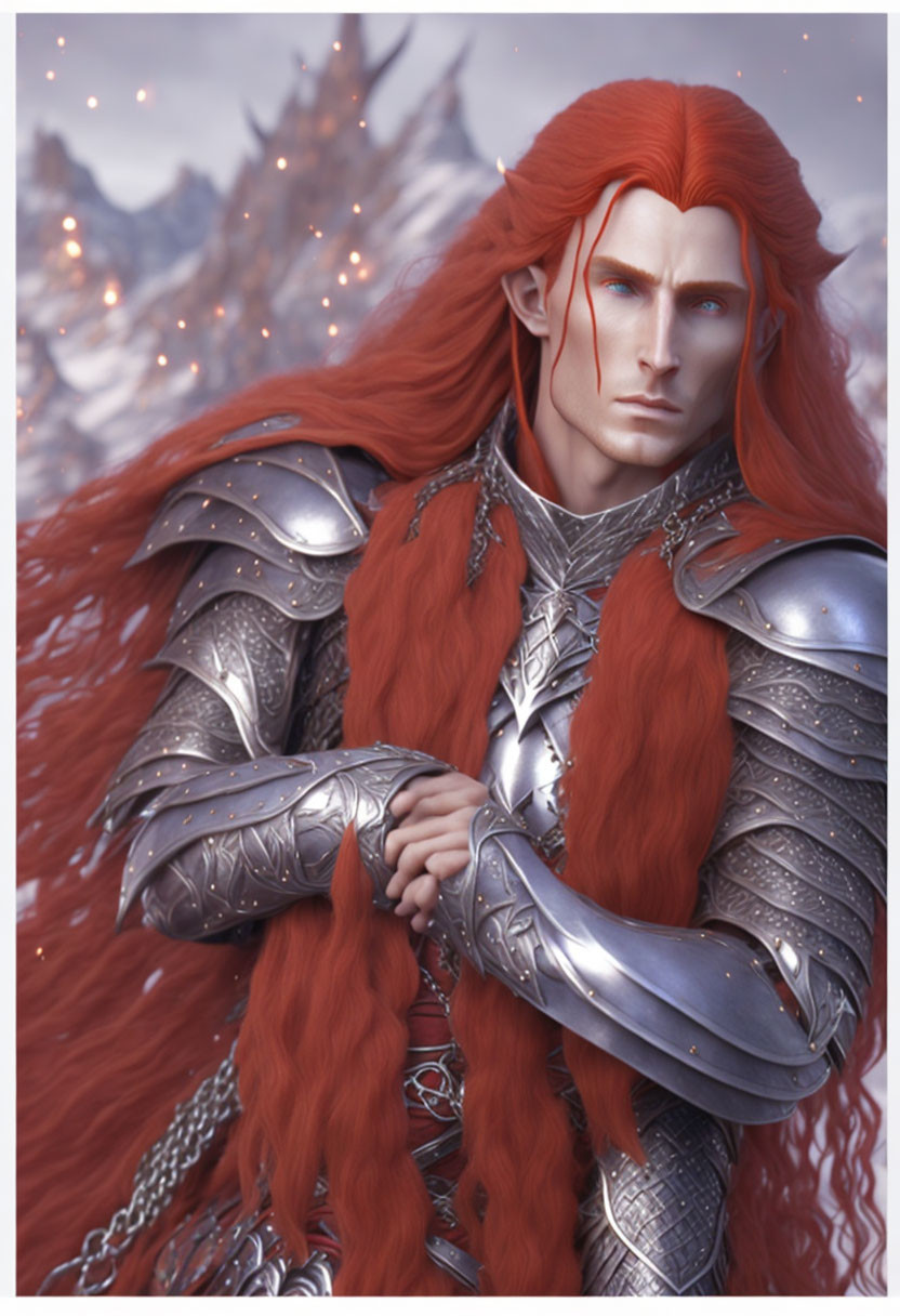 Fantasy elf with red hair in silver armor in snowy castle scene