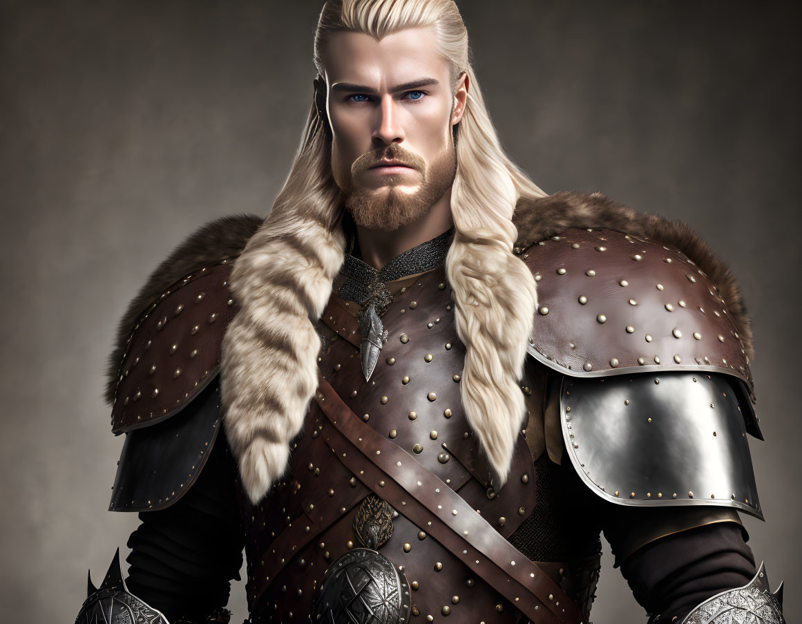 Regal fantasy warrior with blonde hair in studded armor