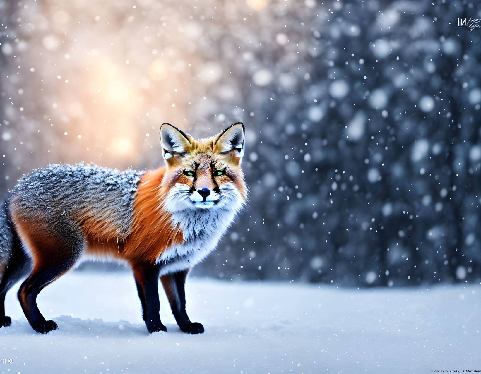 Red fox in snow with falling snowflakes contrast background