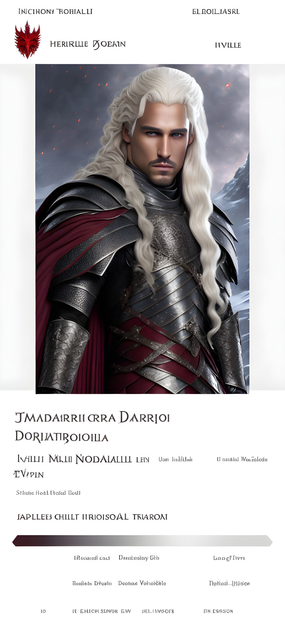 Male fantasy character with long white hair, silver-black armor, red cloak, and dragon emblem