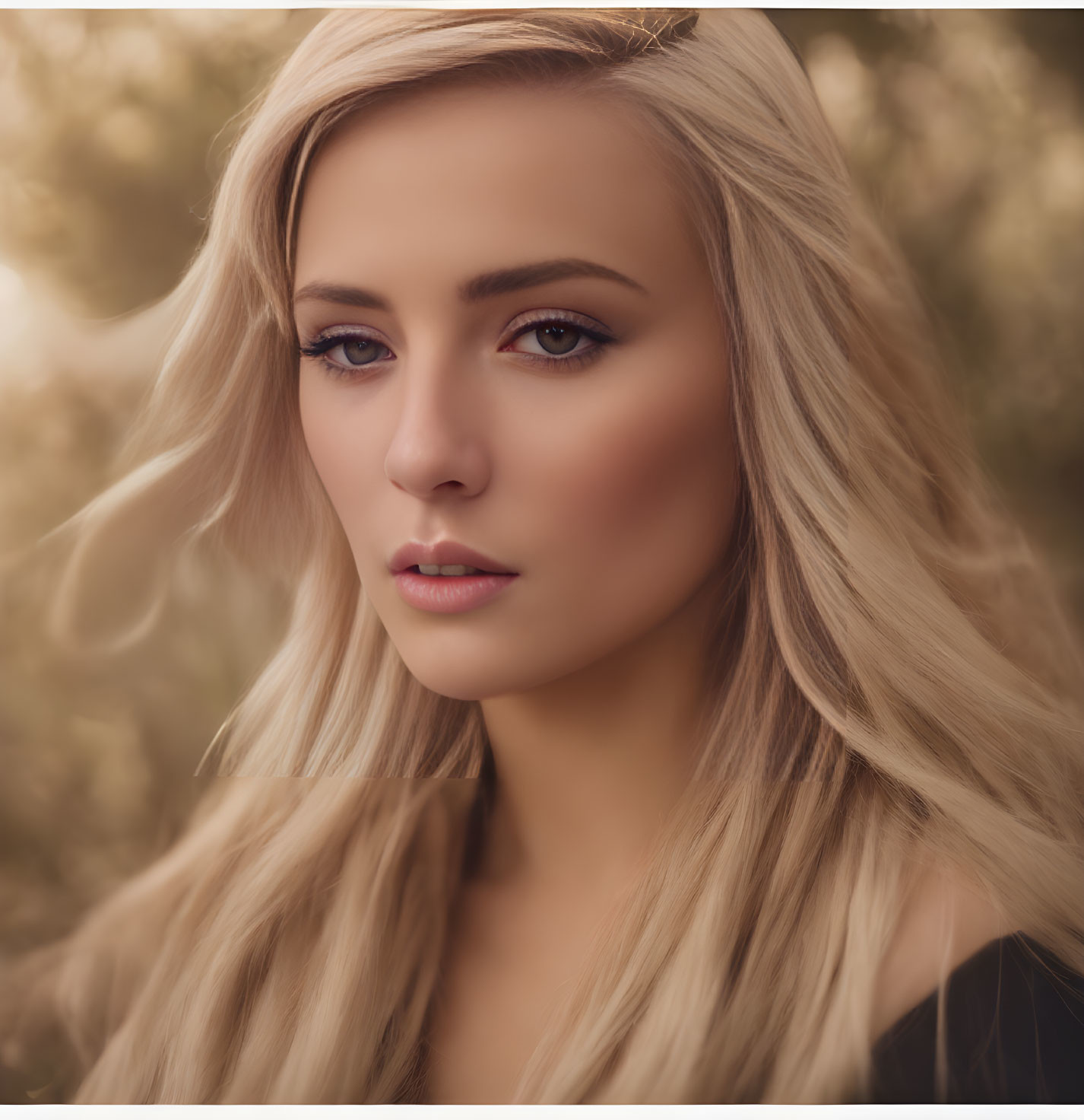 Portrait of young woman with long blonde hair and blue eyes on soft golden background