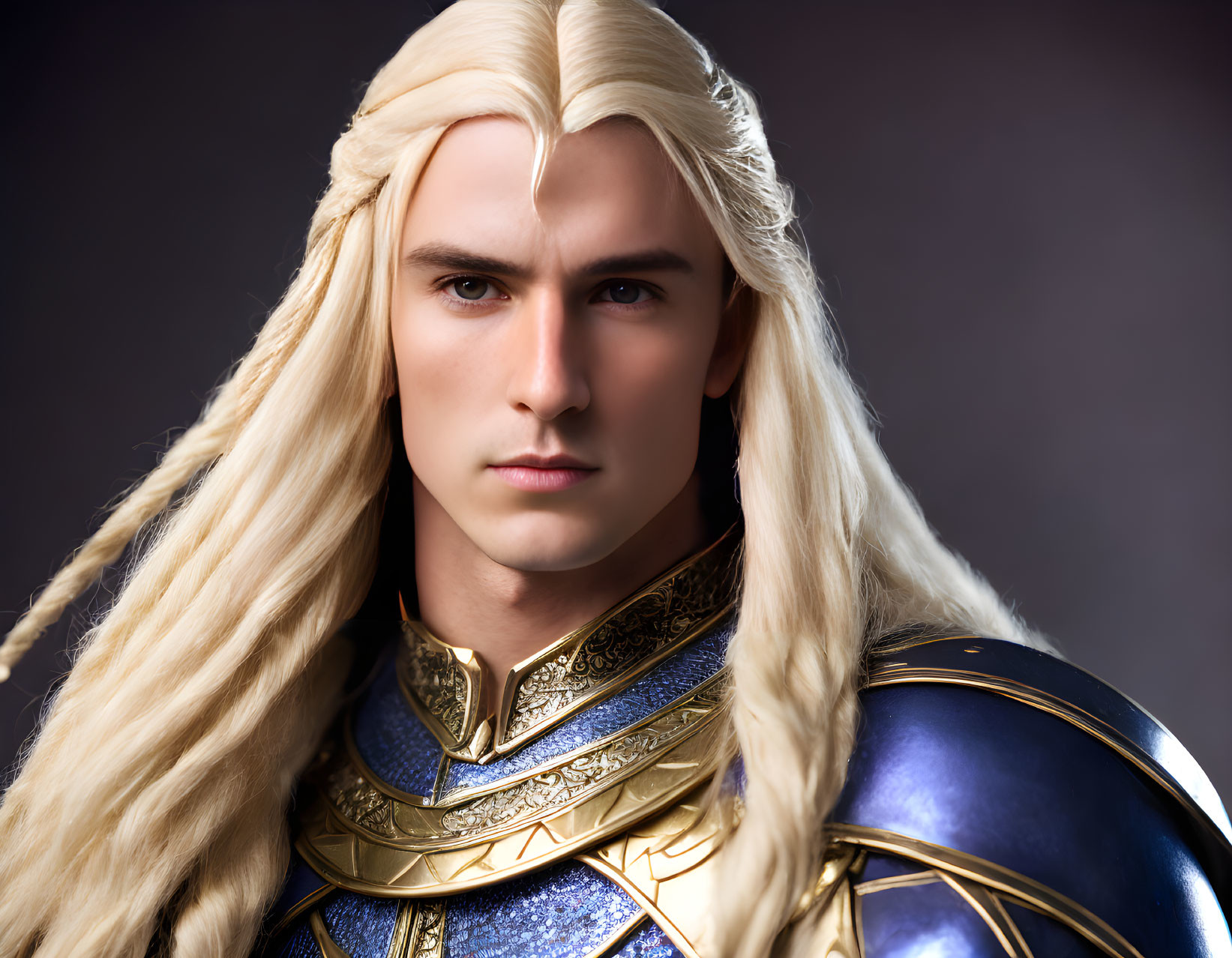 Fantasy character digital portrait: long blond hair, piercing eyes, blue & gold armor.