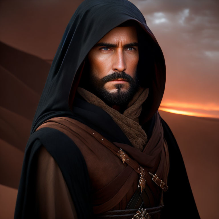 Man with Beard in Brown Hooded Robe Desert Sunset Artwork