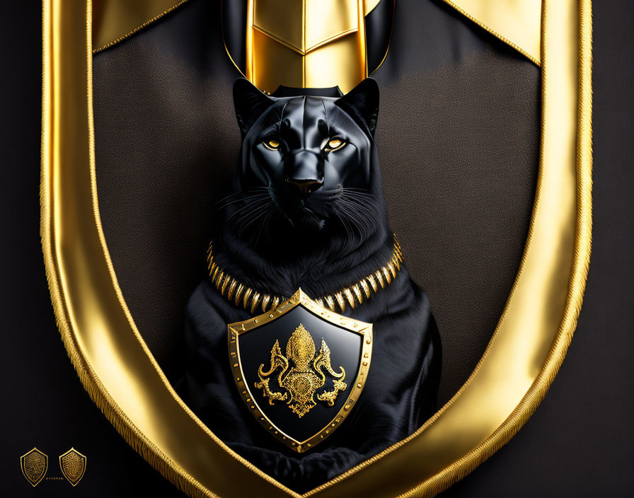 Regal black panther with golden collar on shield crest